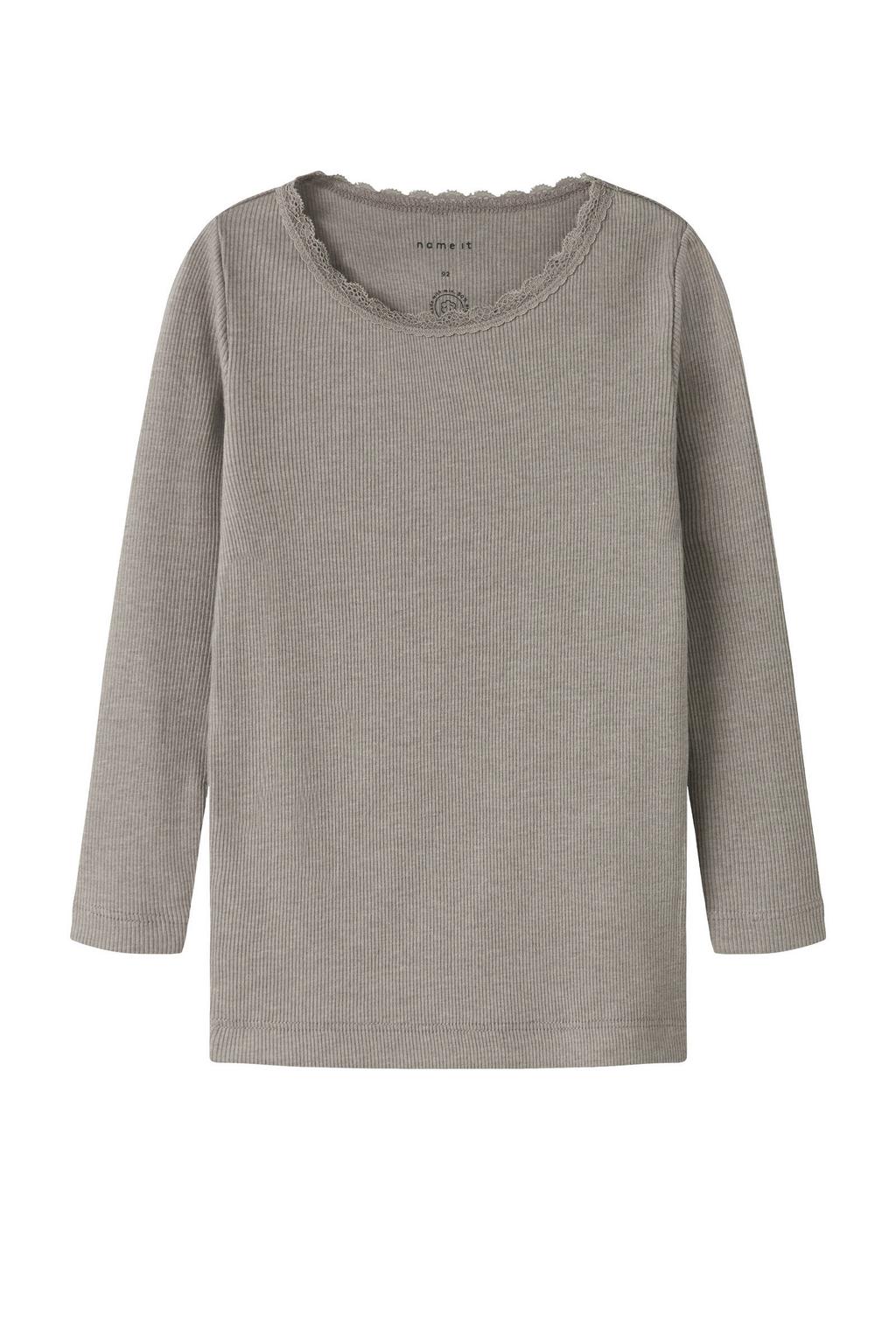 Grijze meisjes NAME IT MINI ribgebreide longsleeve van stretchkatoen met effen, lange mouwen en ronde hals