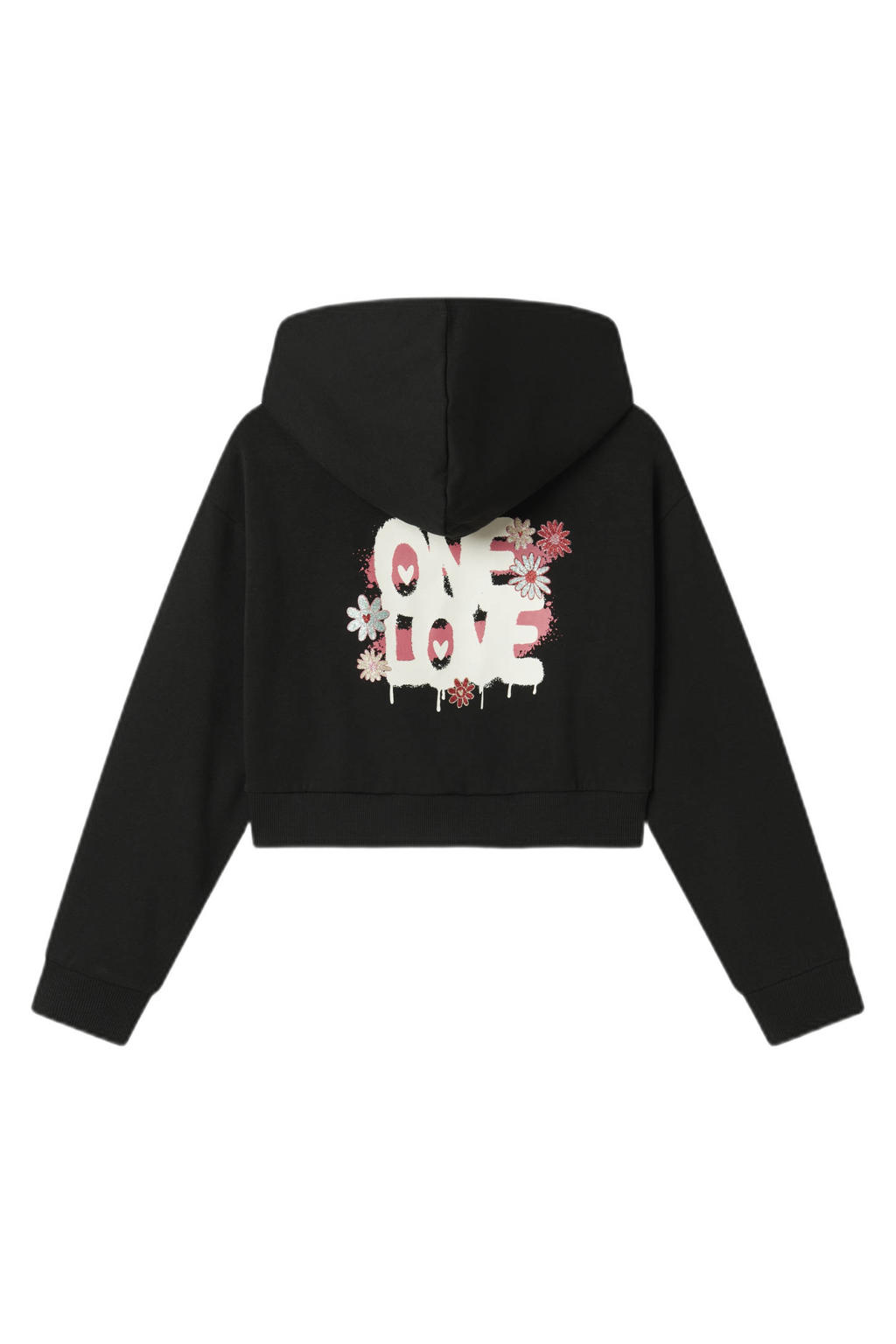 Zwarte meisjes NAME IT KIDS hoodie van sweat materiaal met backprint, lange mouwen en capuchon