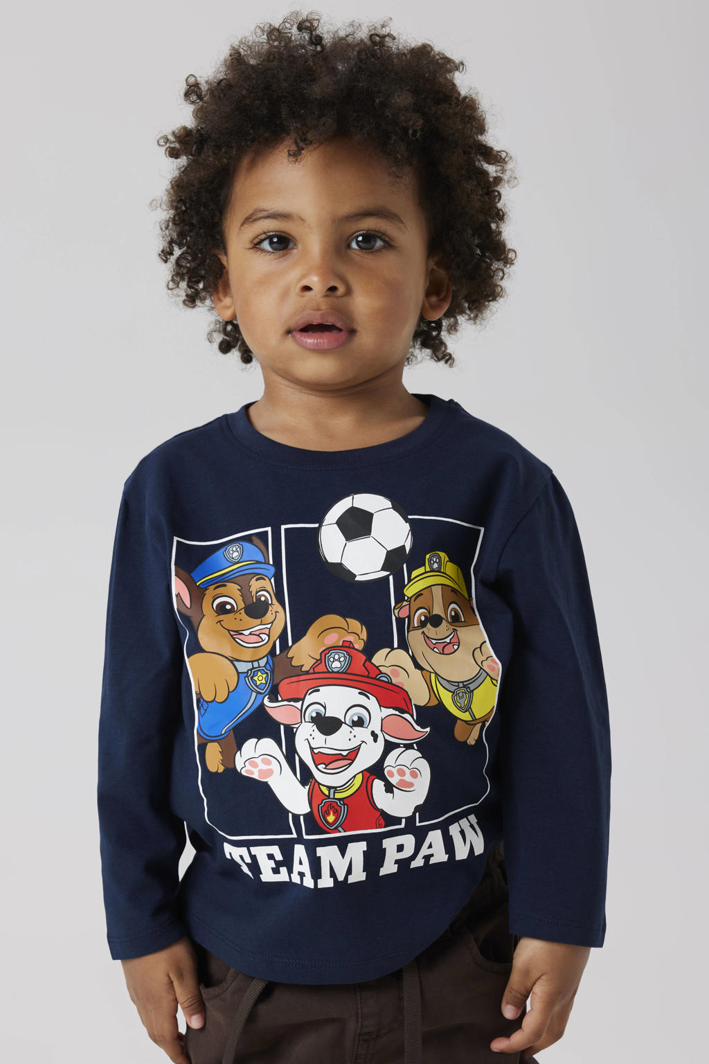 Donkerblauwe jongens NAME IT MINI Paw Patrol longsleeve van stretchkatoen met printopdruk, lange mouwen en ronde hals