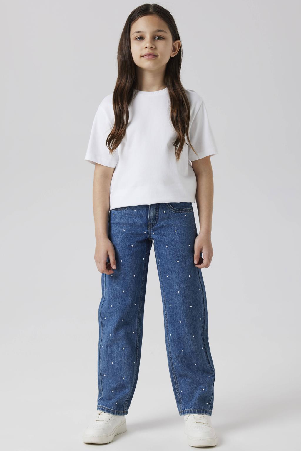 Medium blue denim meisjes NAME IT KIDS straight leg jeans steentjes blue van katoen met loose fit, rits- en knoopsluiting en effen
