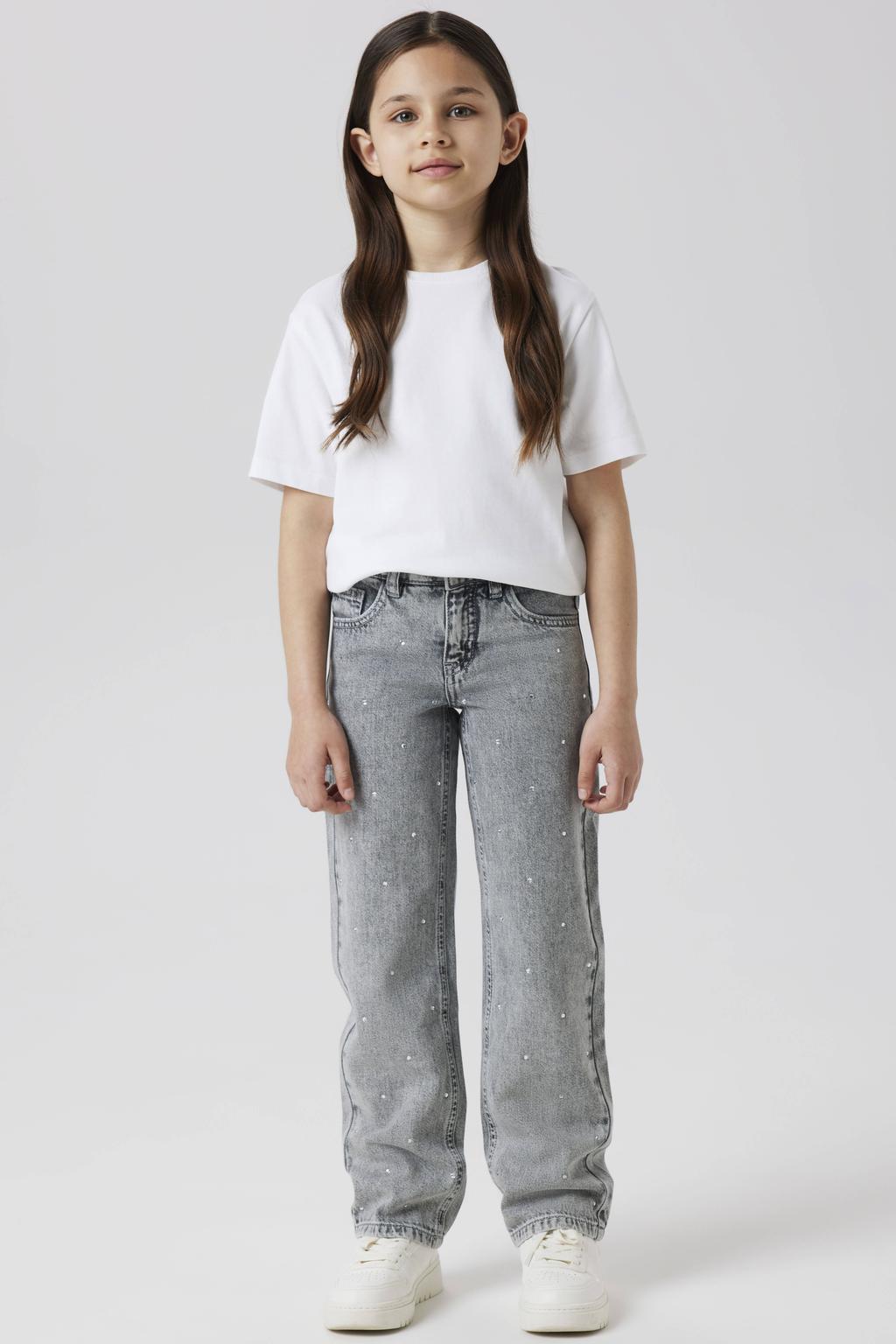 Grey denim meisjes NAME IT KIDS straight leg jeans van katoen met loose fit, rits- en knoopsluiting en effen