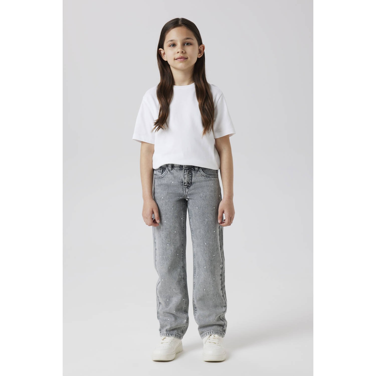 NAME IT KIDS straight leg jeans met strass-steentjes light grey denim