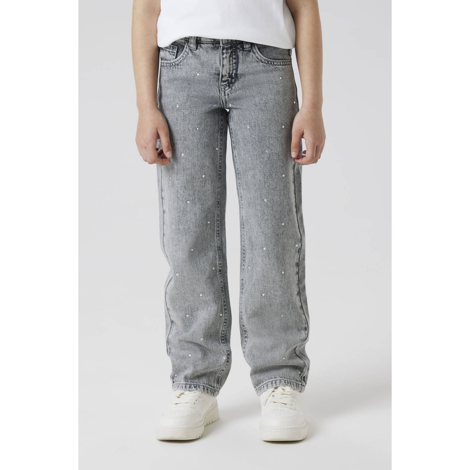 NAME IT KIDS straight leg jeans met strass-steentjes light grey denim