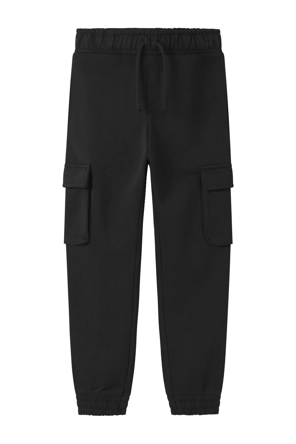 Zwarte jongens NAME IT KIDS relaxed cargo broek van sweat materiaal met elastische tailleband met koord en effen