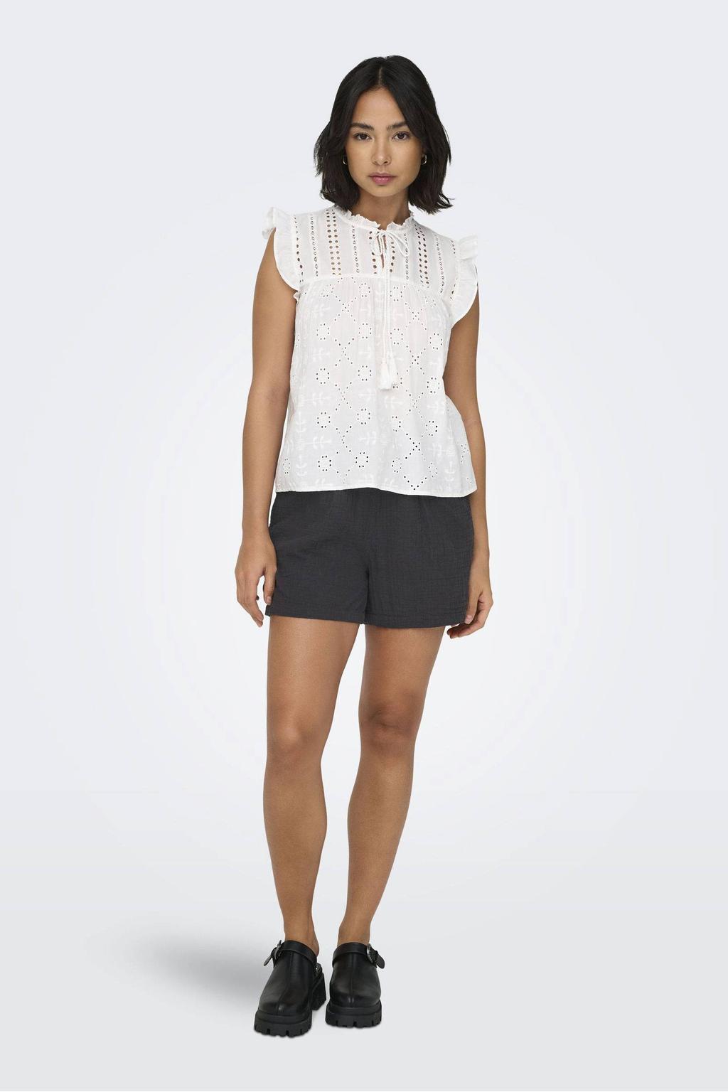 Zwarte dames ONLY relaxed regular waist casual short van katoen met elastische tailleband met koord en strepenprint