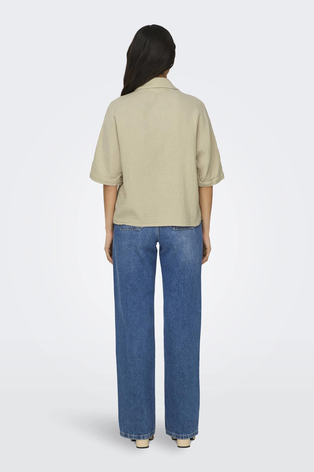 Grijze dames ONLY blouse van katoen met effen, half lange mouwen, klassieke kraag, knoopsluiting en geweven detail