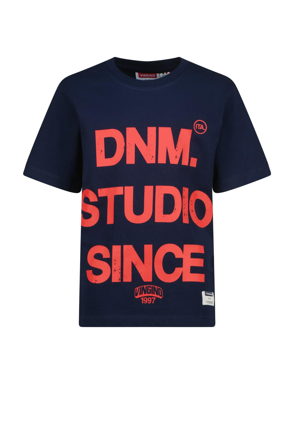 Donkerblauw en rode jongens Vingino T-shirt van katoen met tekst print, korte mouwen en ronde hals