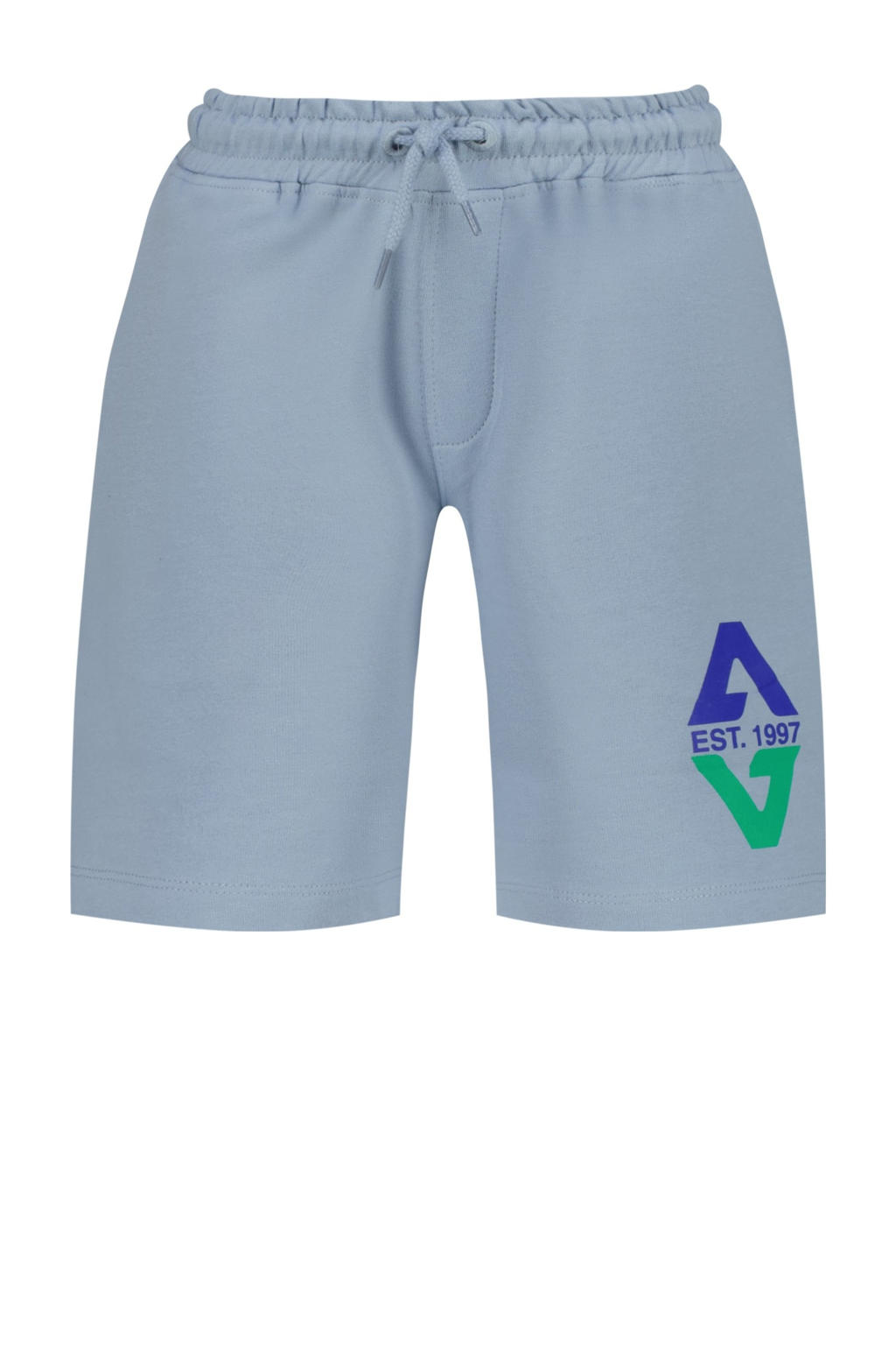 Lichtblauwe jongens Vingino regular sweatshort met elastische tailleband met koord en logo dessin