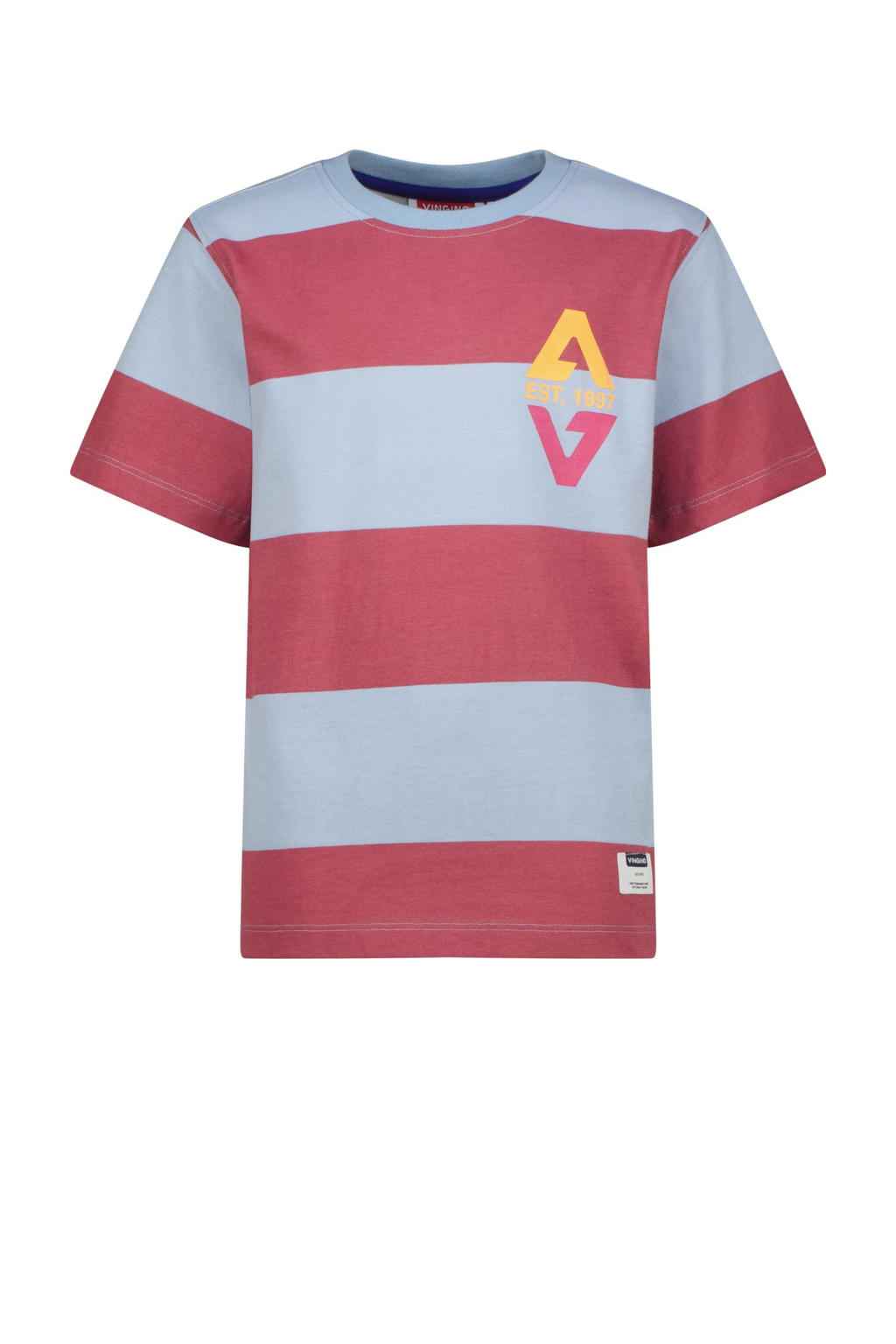 Donkerrood en lichtblauwe jongens Vingino T-shirt van katoen met strepenprint, korte mouwen en ronde hals