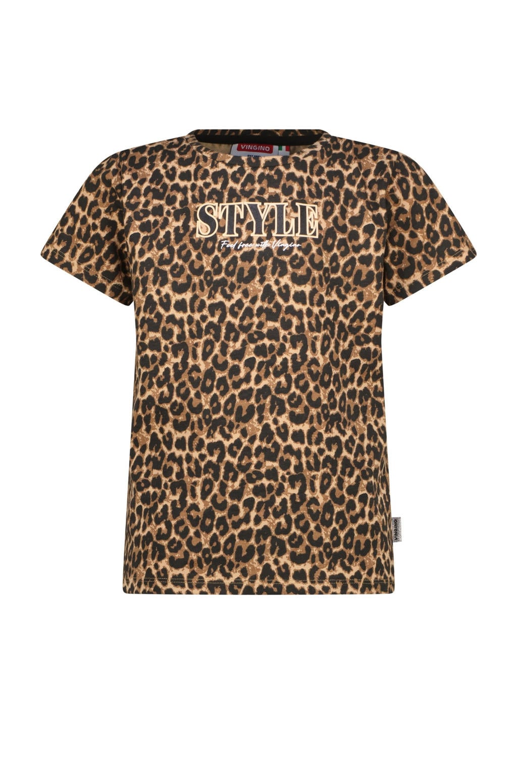 Bruin en zwarte meisjes Vingino T-shirt van stretchkatoen met dierenprint, korte mouwen en ronde hals