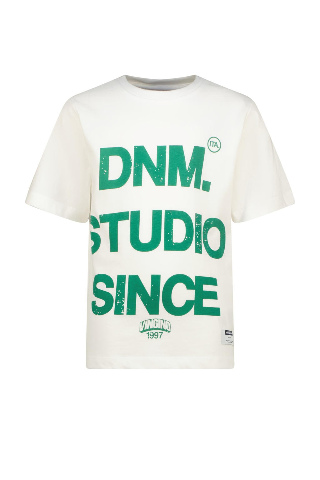 Wit en groene jongens Vingino T-shirt van katoen met tekst print, korte mouwen en ronde hals