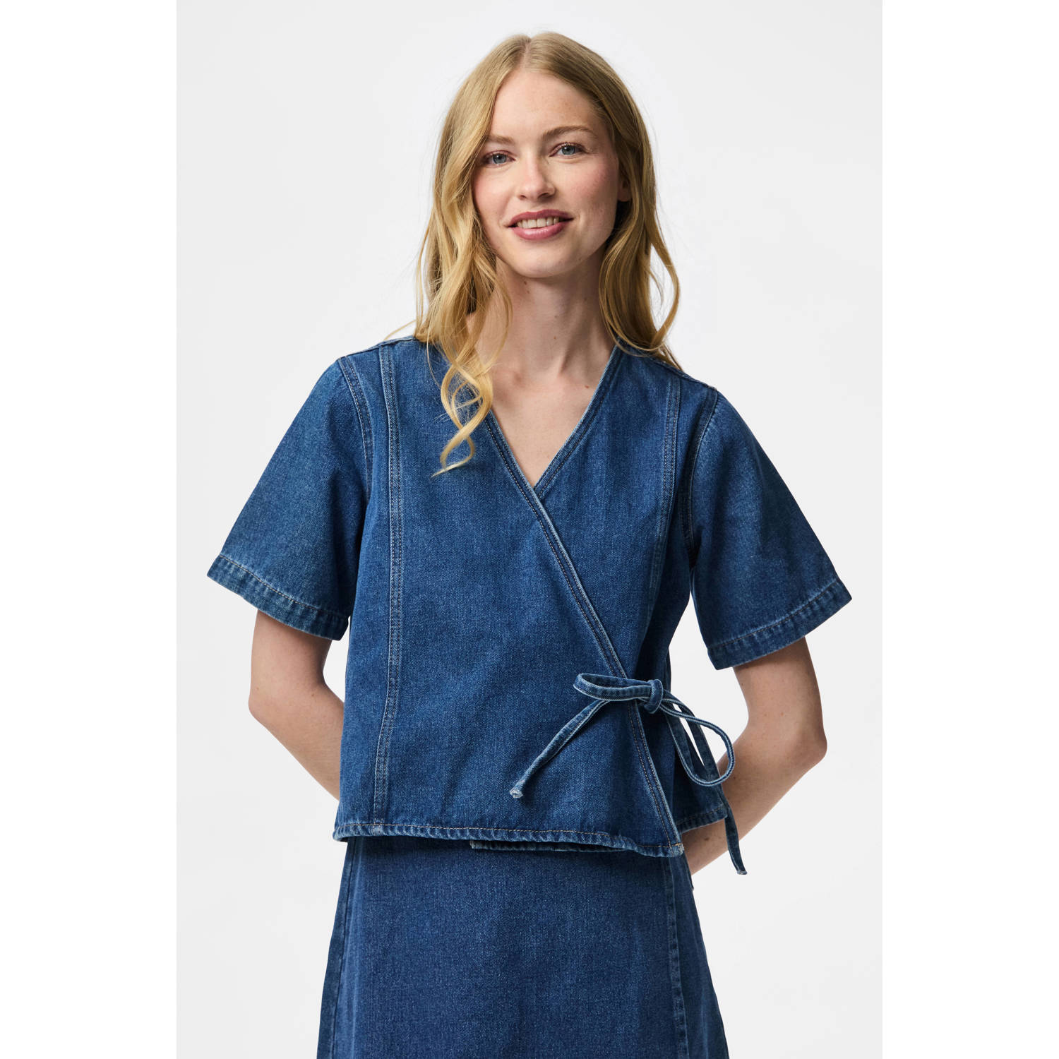 PIECES denim top dark blue denim