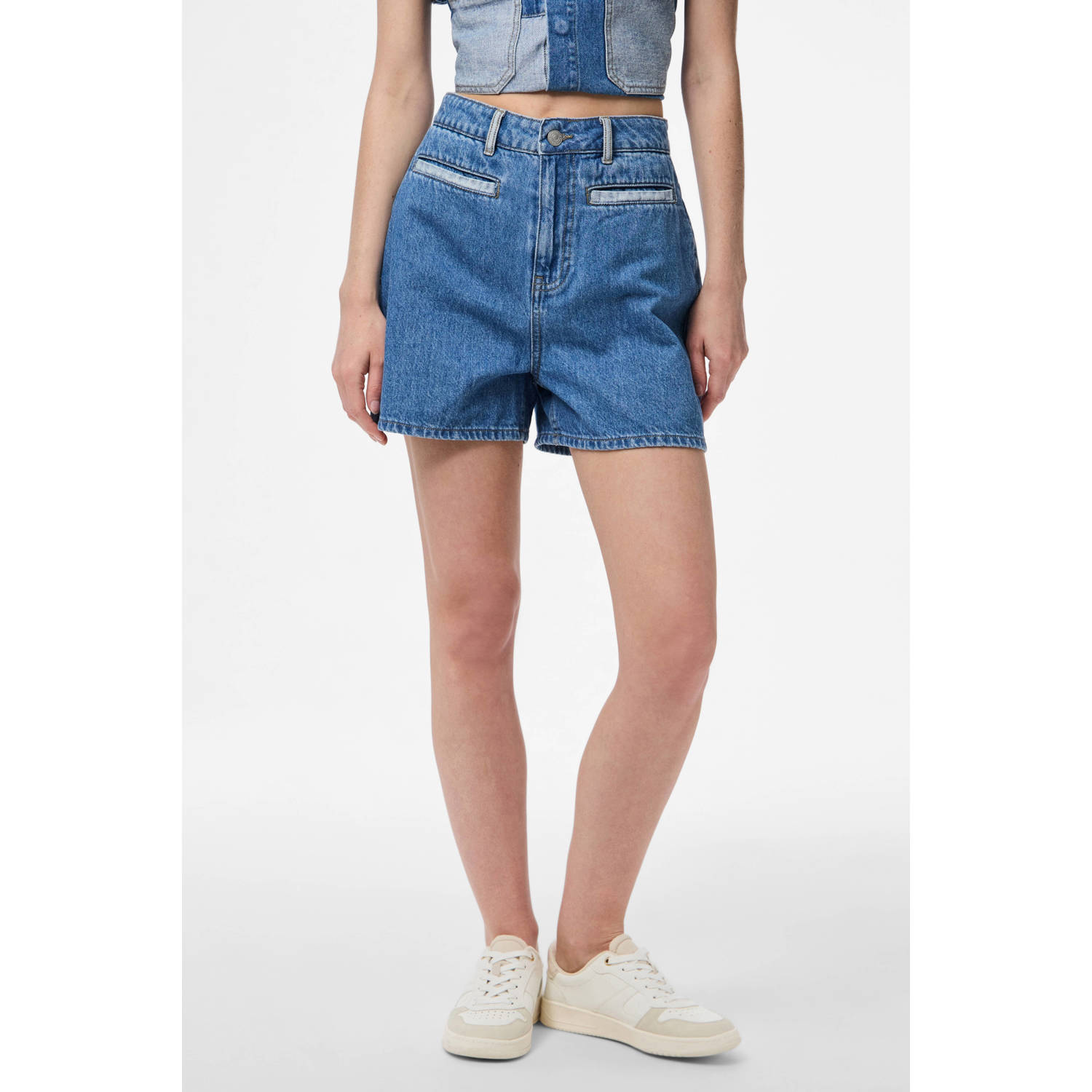 PIECES denim straight high waist short medium blue denim