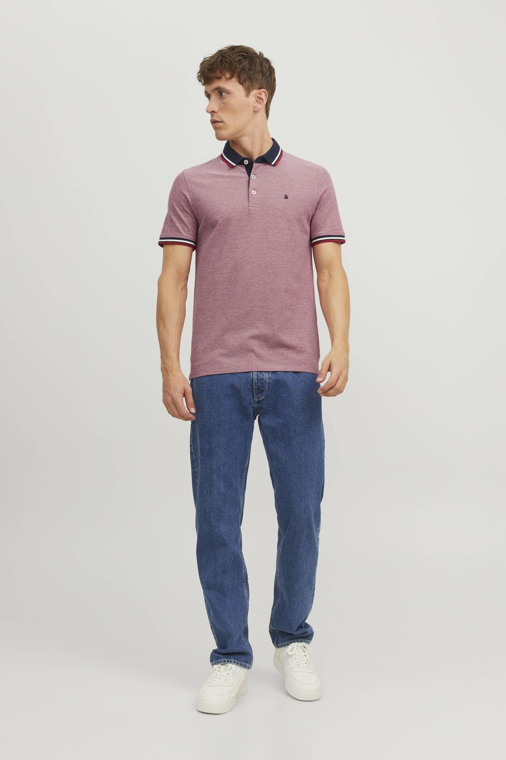 Oudroze heren JACK & JONES ESSENTIALS slim fit polo van katoen met melée print, korte mouwen en pique