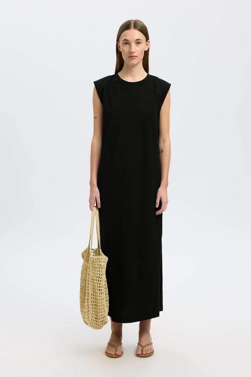 Zwarte dames SELECTED FEMME maxi jurk van katoen met effen en ronde hals