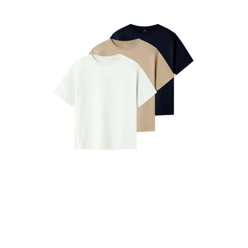 NAME IT KIDS T-shirt - set van 3 donkerblauw/beige/wit afbeelding