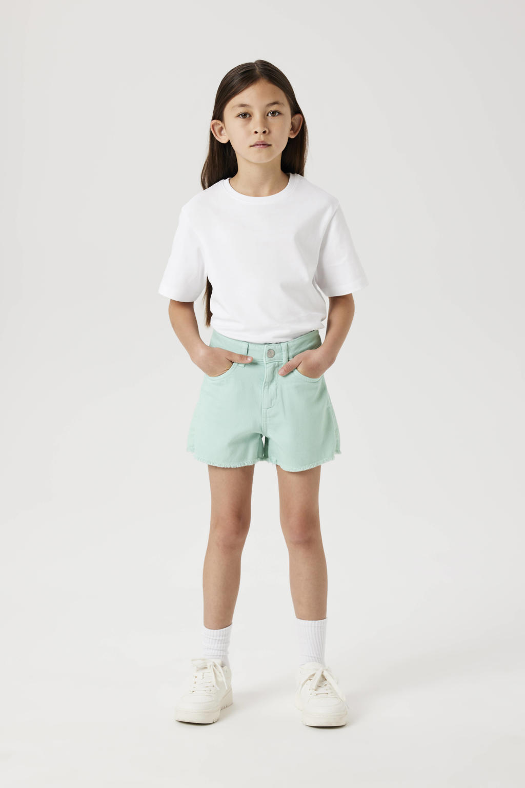 Groene meisjes NAME IT KIDS mom casual short van stretchkatoen met rits- en knoopsluiting en effen