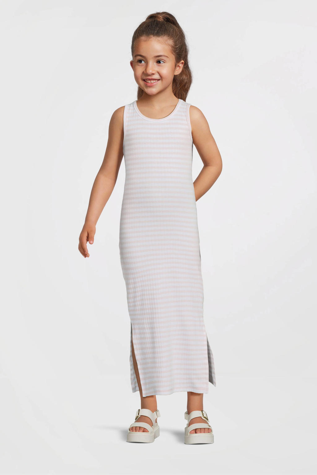Lichtroze en witte meisjes NAME IT KIDS maxi jurk van stretchkatoen met strepenprint, ronde hals en split