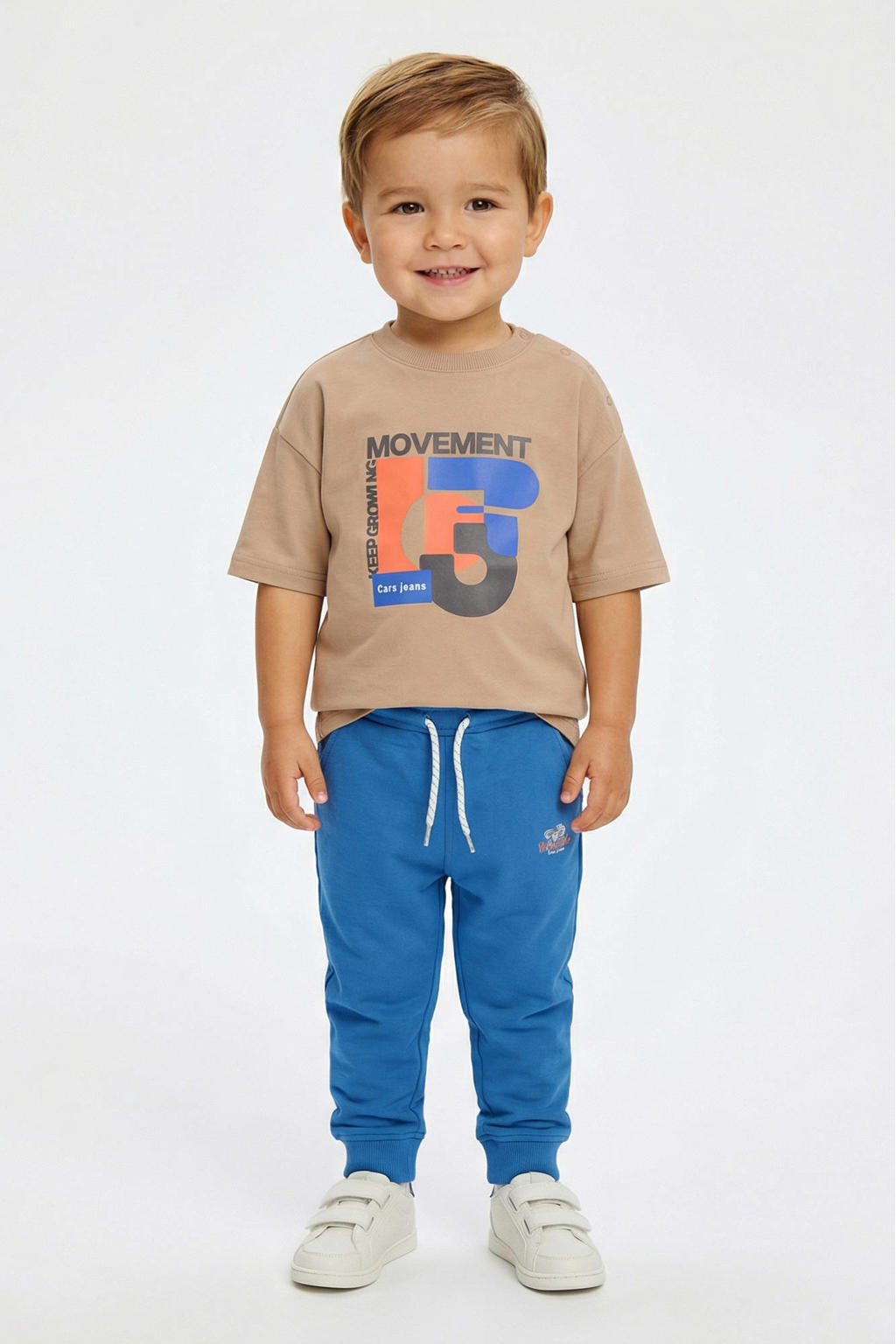 Blauwe jongens Little Cars sweatpants met elastische tailleband met koord en effen