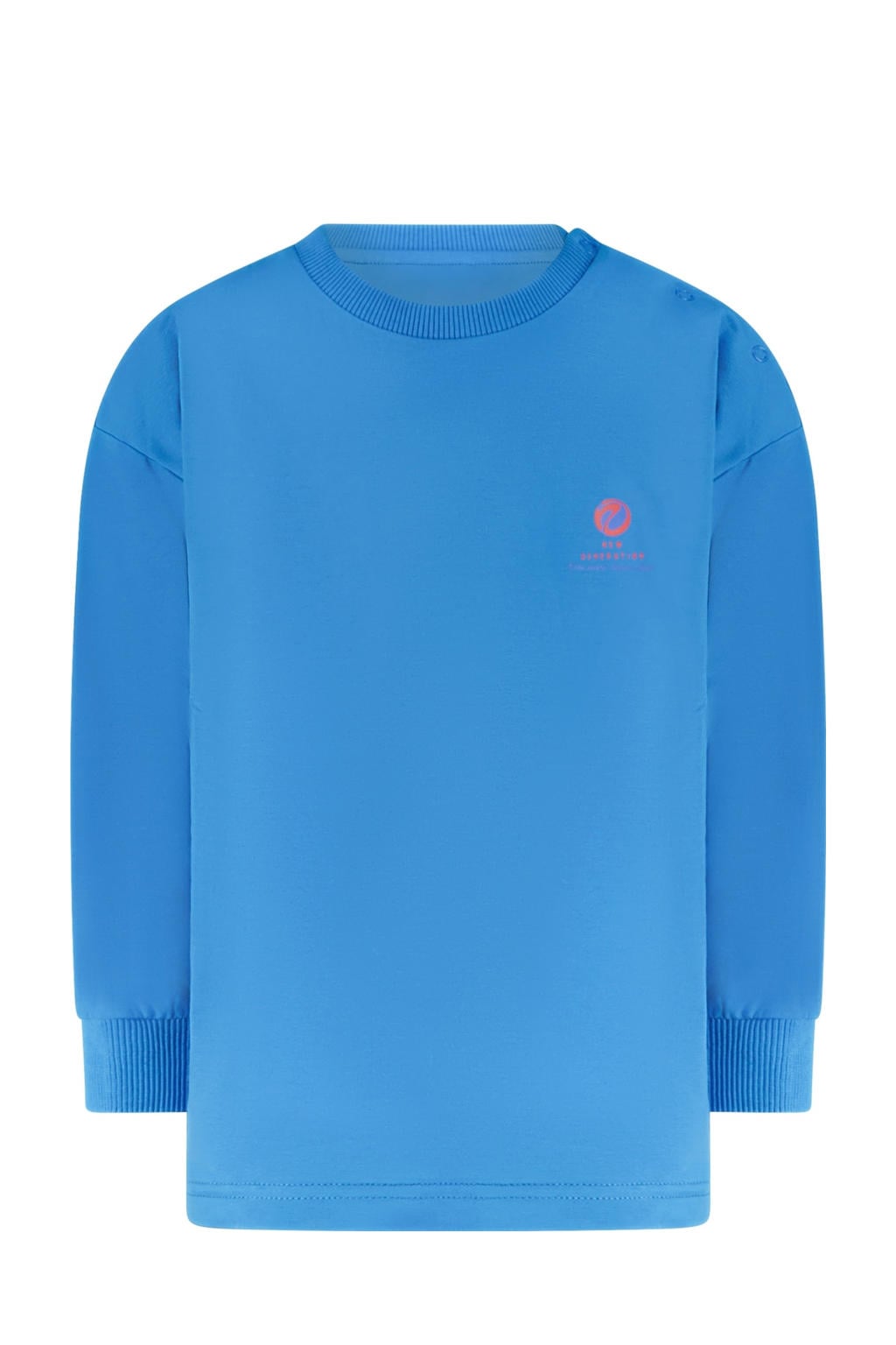 Blauw en oranje jongens Little Cars longsleeve van viscose met backprint, lange mouwen, ronde hals, drukknoopsluiting en geribde boorden
