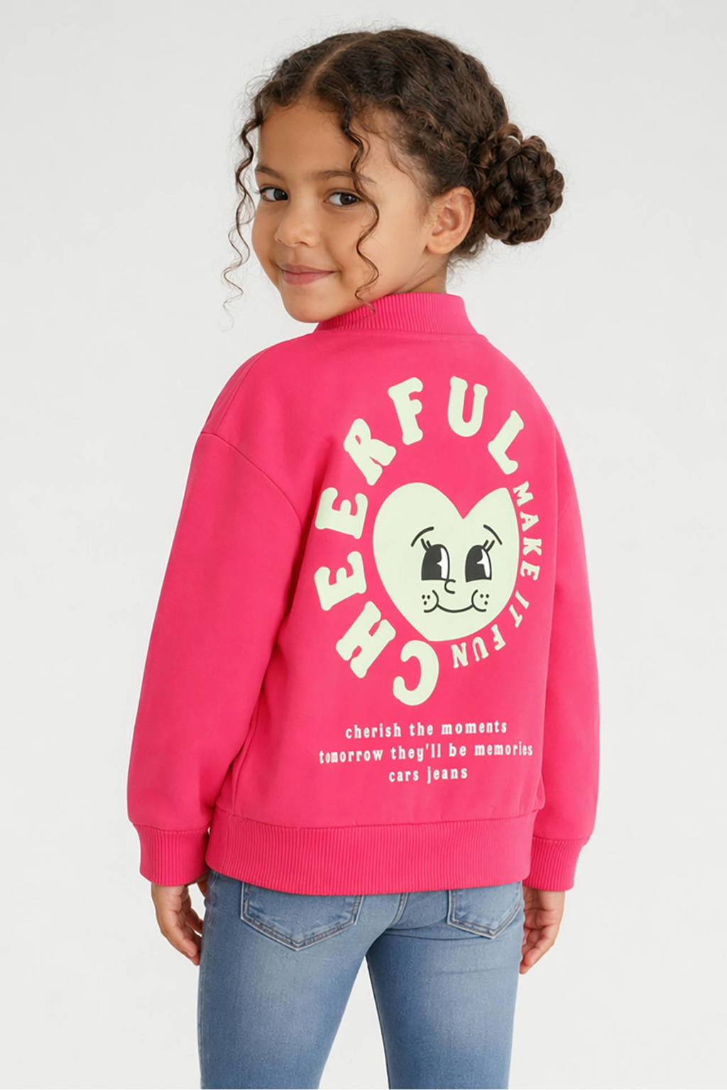 Fuchsia meisjes Little Cars sweatvest met backprint, lange mouwen, ronde hals, ritssluiting en geribde boorden