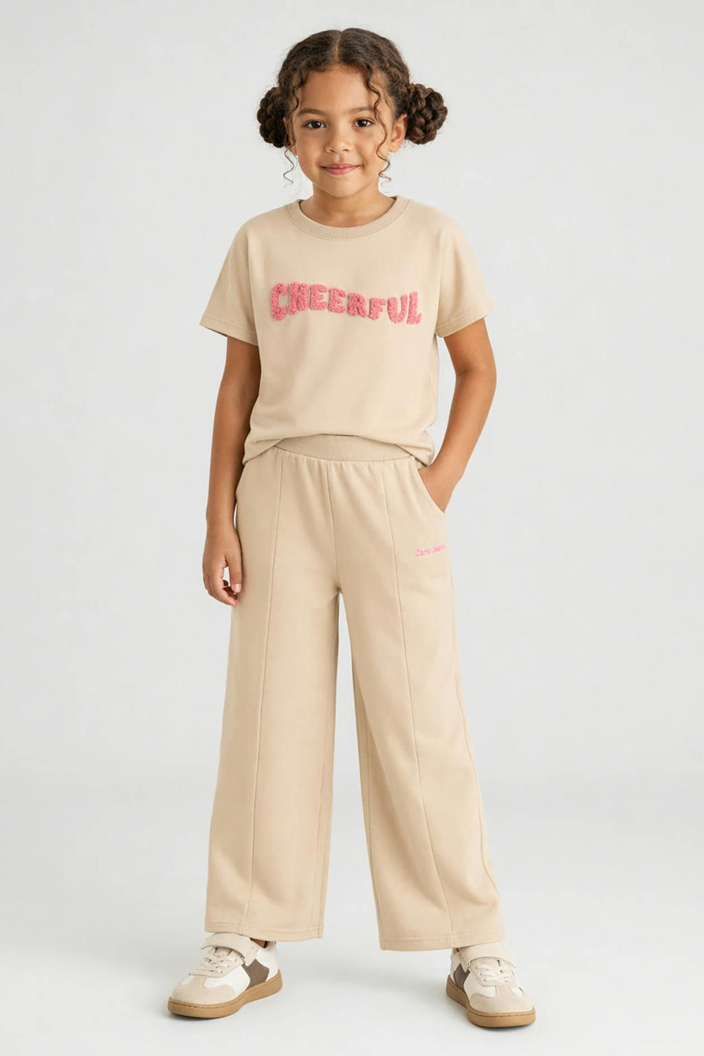 Beige meisjes Little Cars casual broek van sweat materiaal met effen