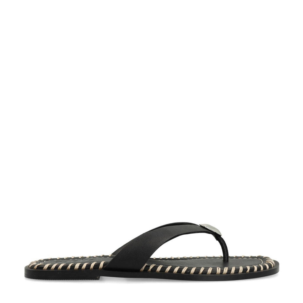Zwarte dames Sacha leren teenslippers