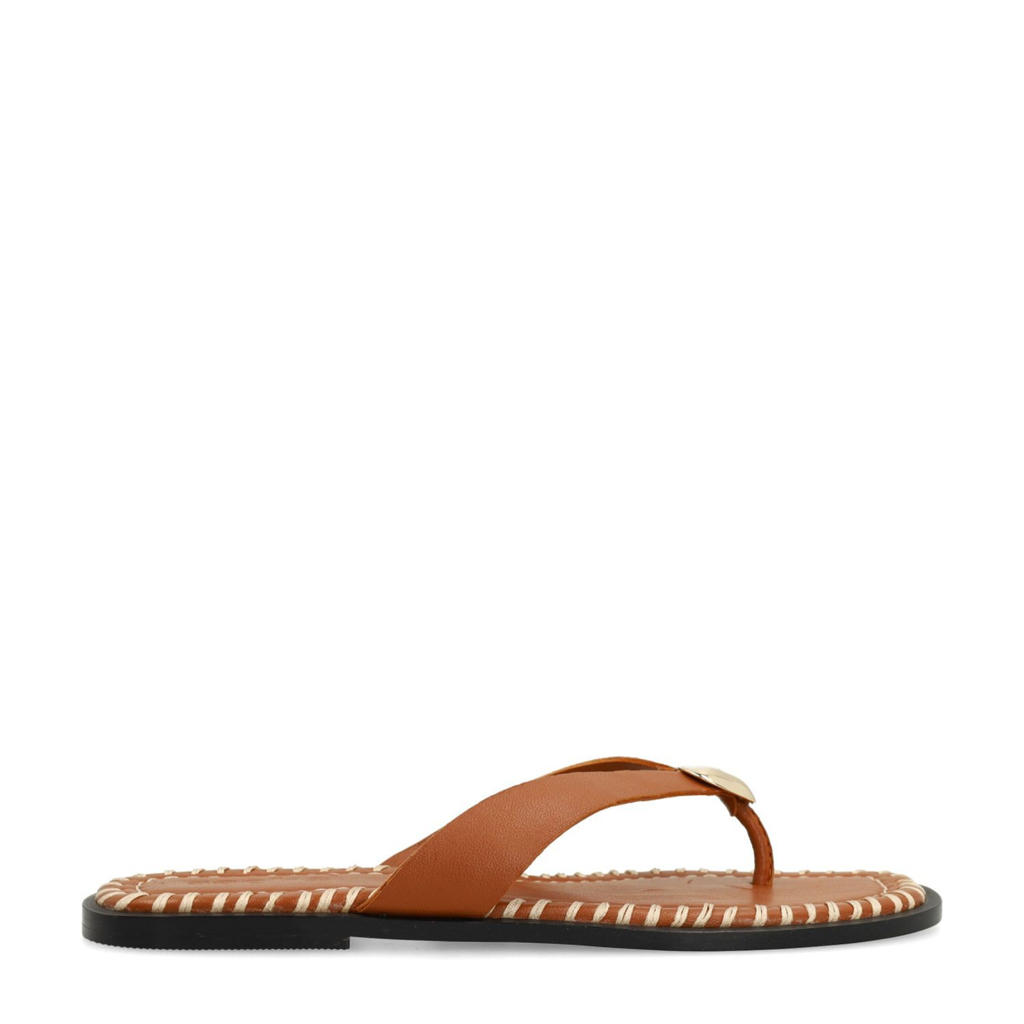 Cognackleurige dames Sacha leren teenslippers