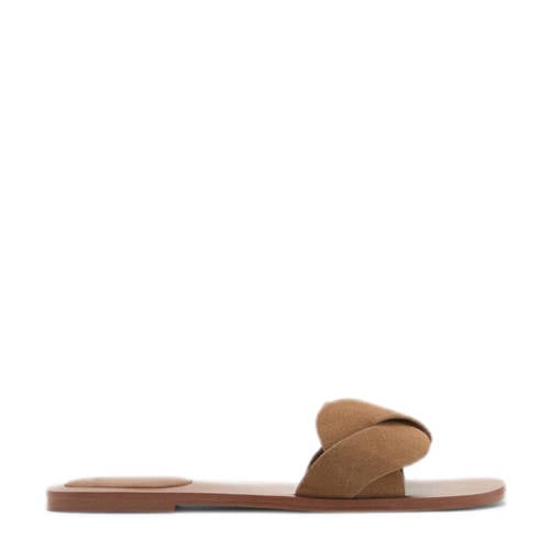 MANGO TEEN leren slippers lichtbruin afbeelding