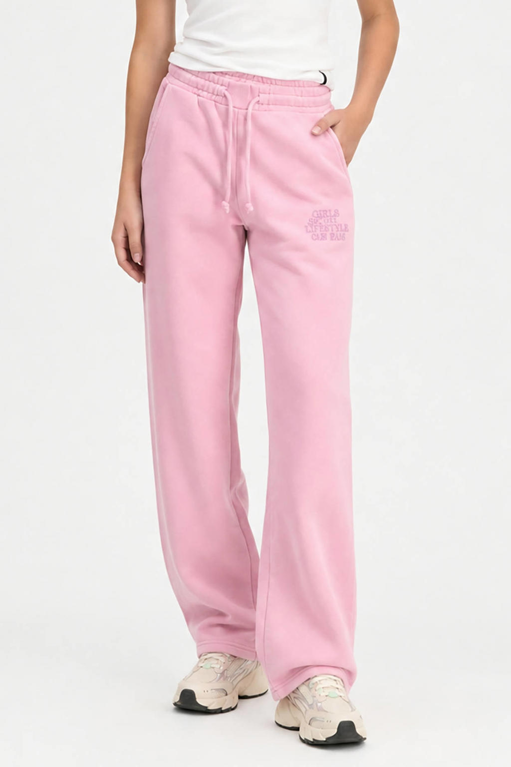 Lichtroze meisjes Cars joggingbroek van sweat materiaal met elastische tailleband met koord en effen