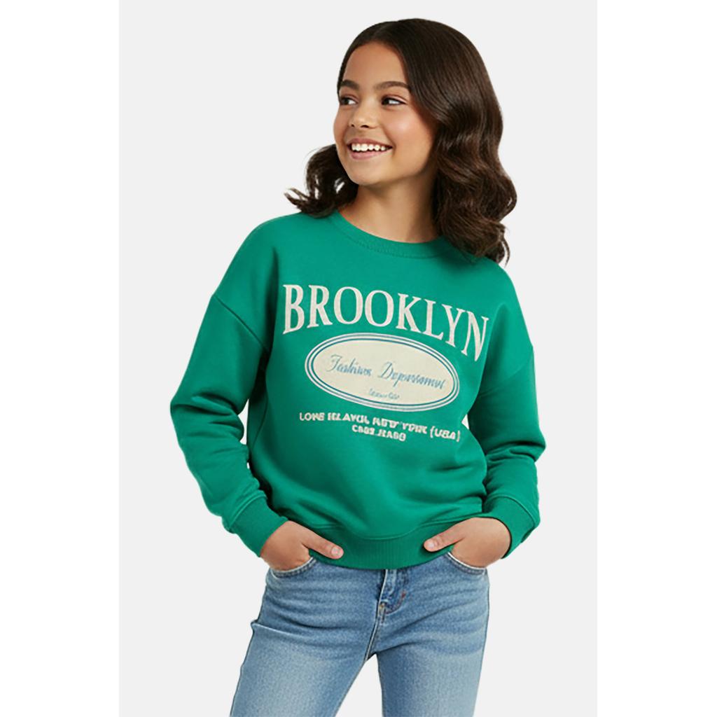 Groene meisjes Cars sweater van katoen met tekst print, lange mouwen, ronde hals en geribde boorden