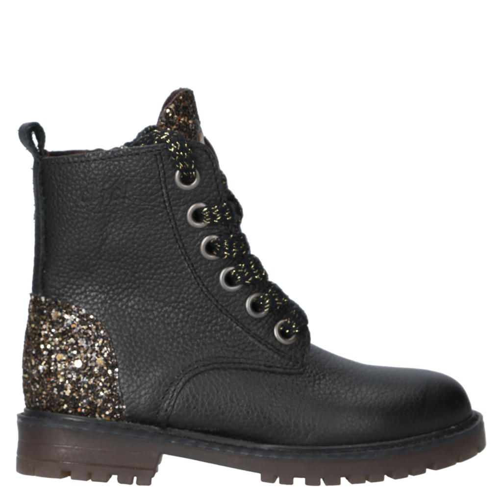 Zwarte meisjes Clic! leren veterboots met rits- en vetersluiting