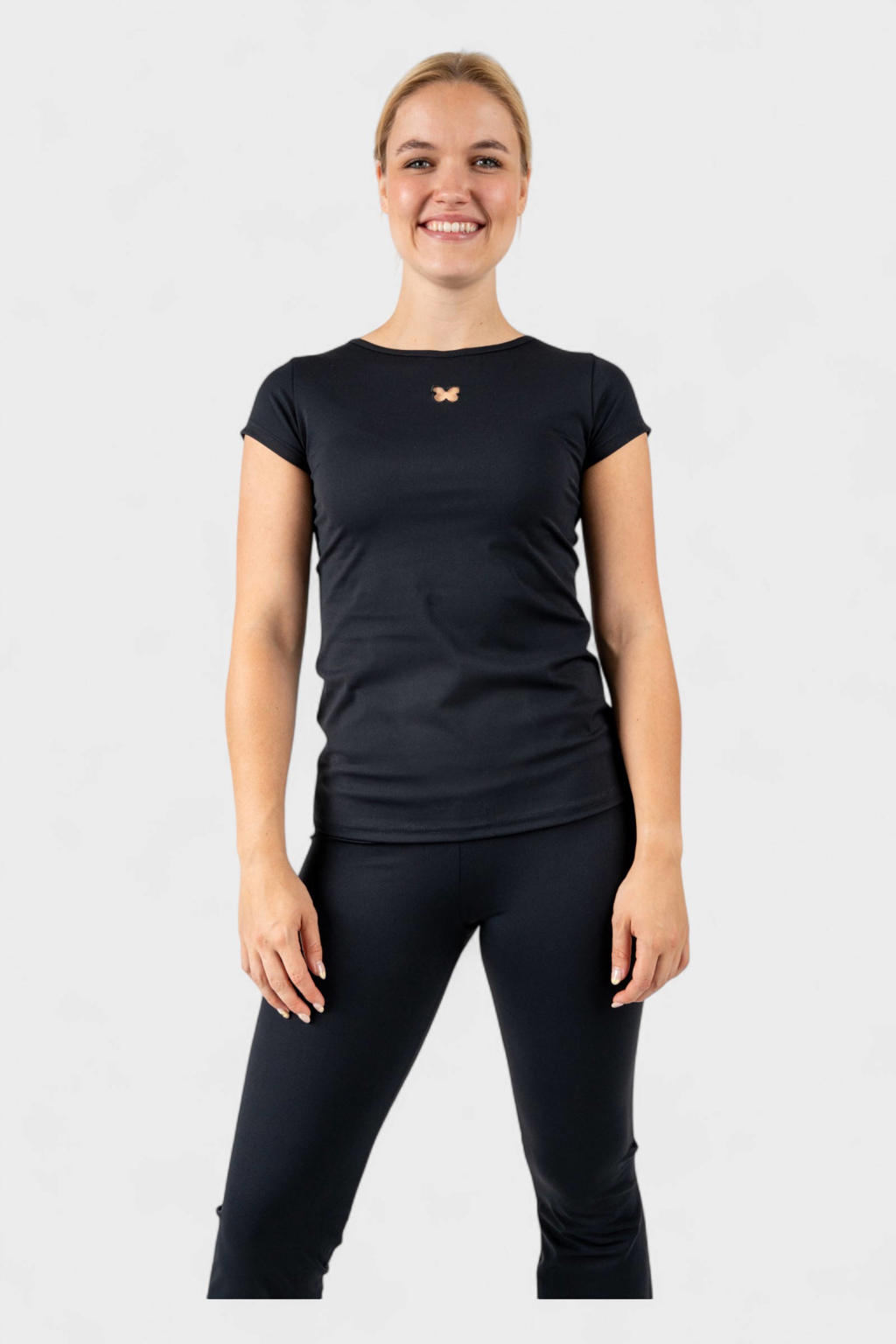 Zwarte dames Papillon sport T-shirt met korte mouwen en ronde hals