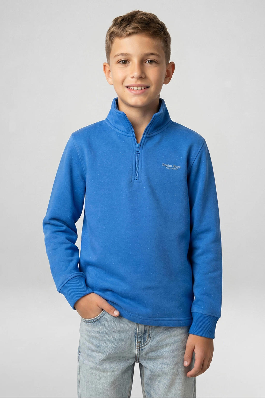 Blauwe jongens Cars sweater met melée print, lange mouwen, opstaande kraag en halve rits