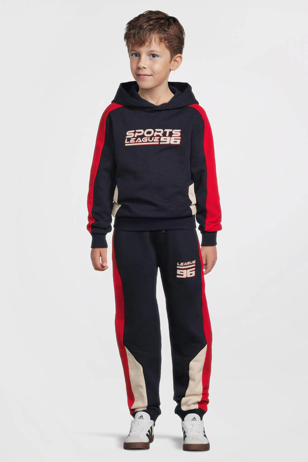 Donkerblauw, rood en witte jongens Orange Stars colourblock fleece joggingbroek Isack van sweat materiaal met elastische tailleband met koord en printopdruk