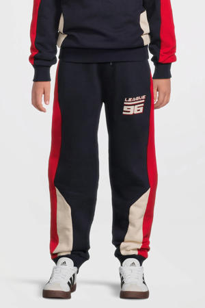colourblock fleece joggingbroek Isack met printopdruk donkerblauw