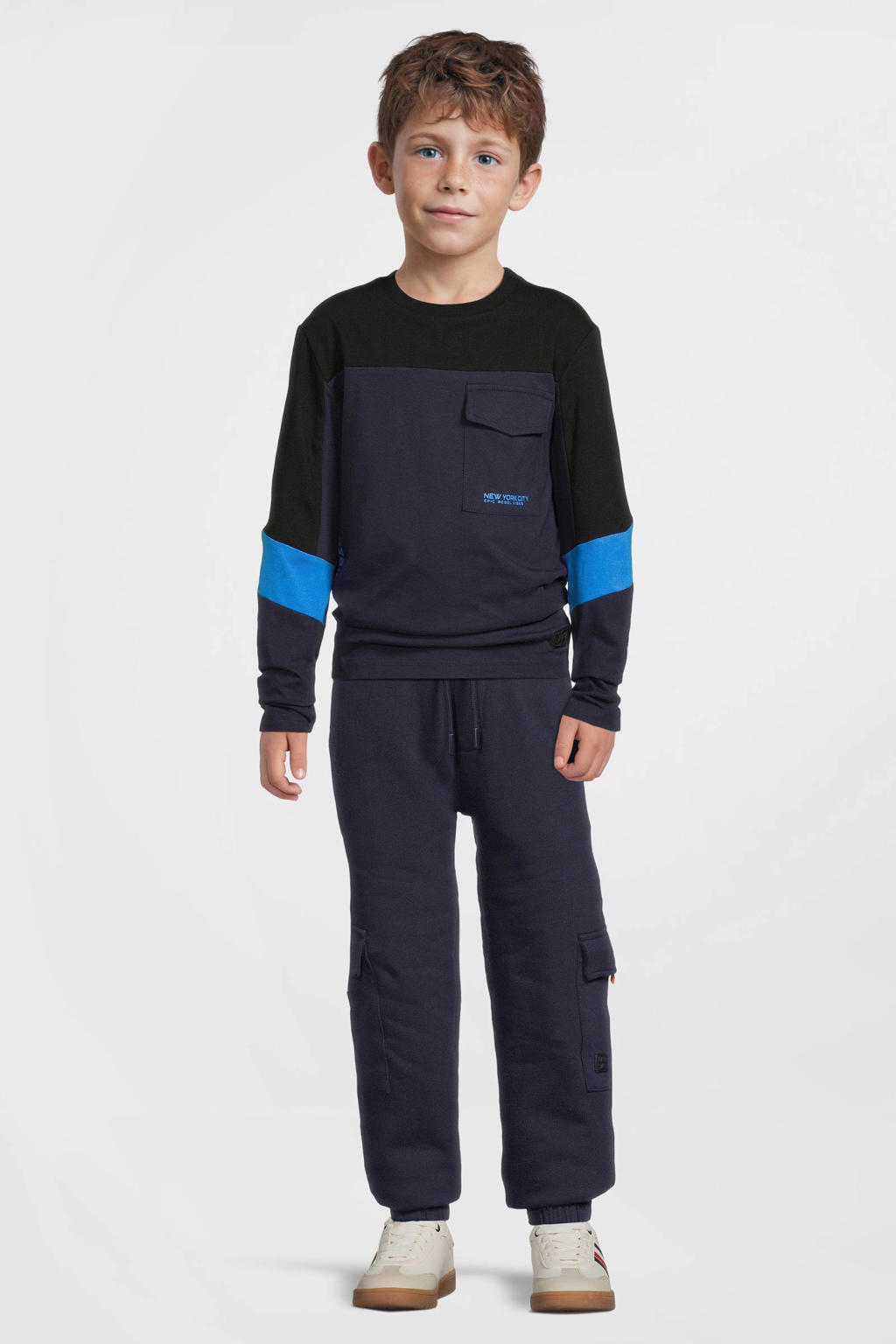 Marineblauw jongens Orange Stars fleece cargo joggingbroek Steven Donkerblauw van katoen met elastische tailleband met koord en effen