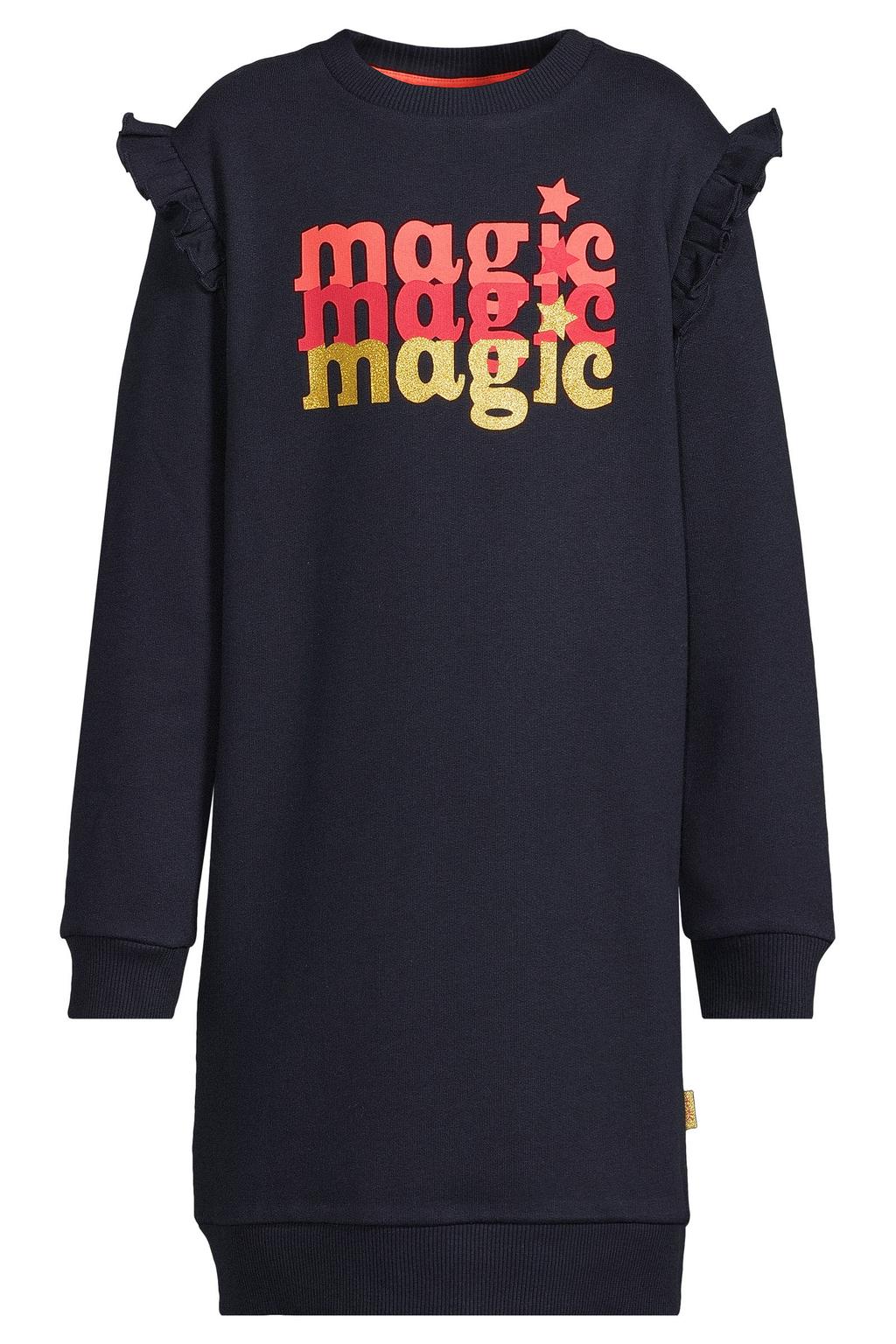Marineblauw meisjes Orange Stars fleece sweatjurk Jeanne met printopdruk, lange mouwen en ronde hals