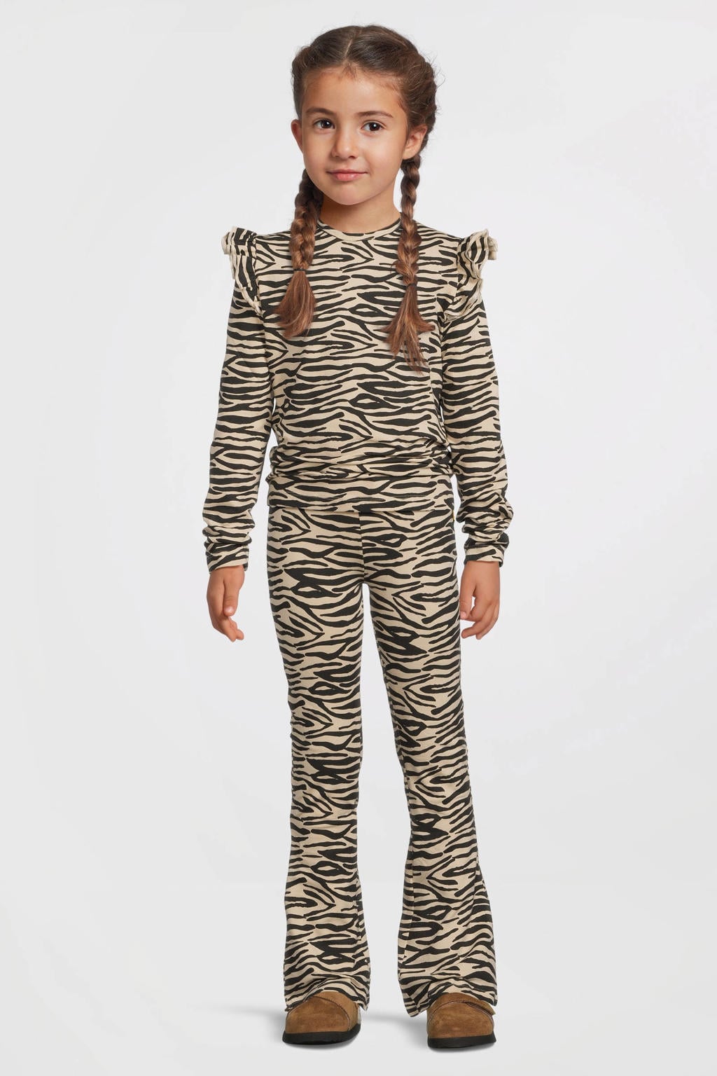 Beige meisjes Orange Stars longsleeve Razi van katoen met dierenprint, lange mouwen, ronde hals en ruches