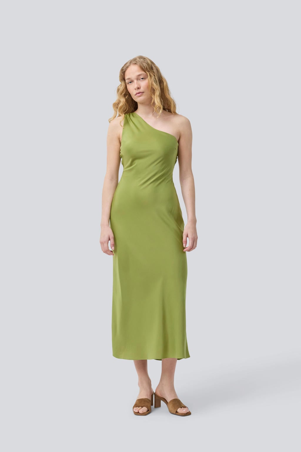 Groene dames Modström maxi jurk van polyester met effen, one shoulder en blinde ritssluiting