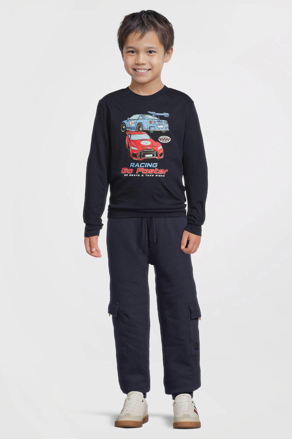 Marineblauw jongens Orange Stars longsleeve opdruk Joshua van katoen met lange mouwen en ronde hals