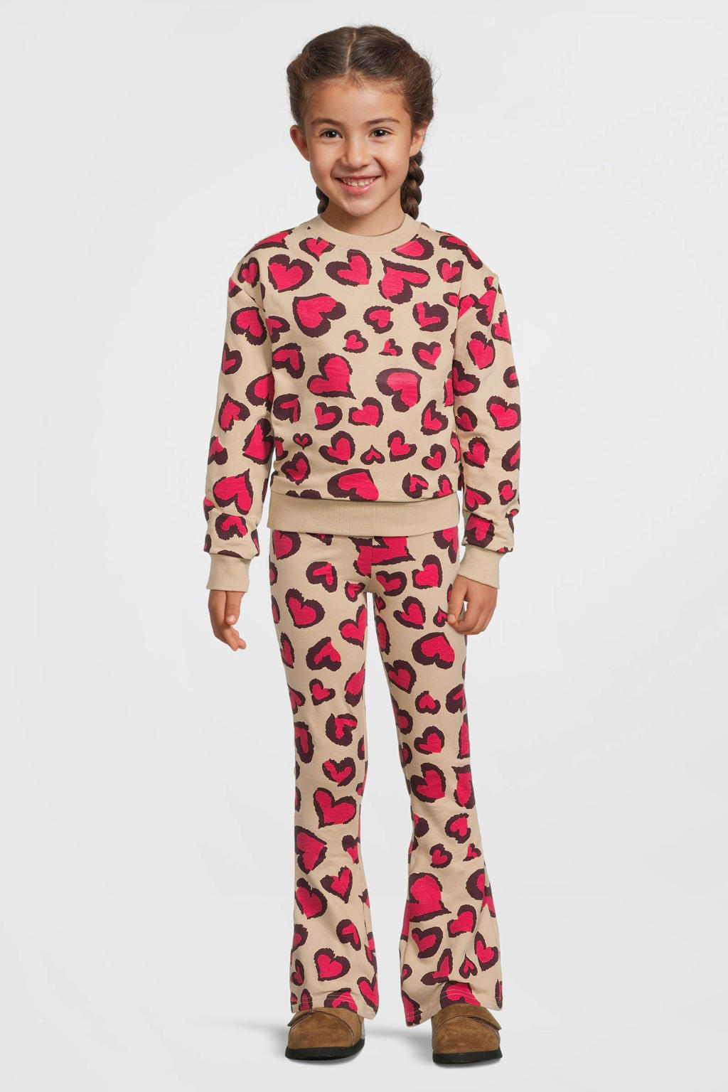 Beige meisjes Orange Stars sweater print Mathilde met hartjesprint, lange mouwen en ronde hals