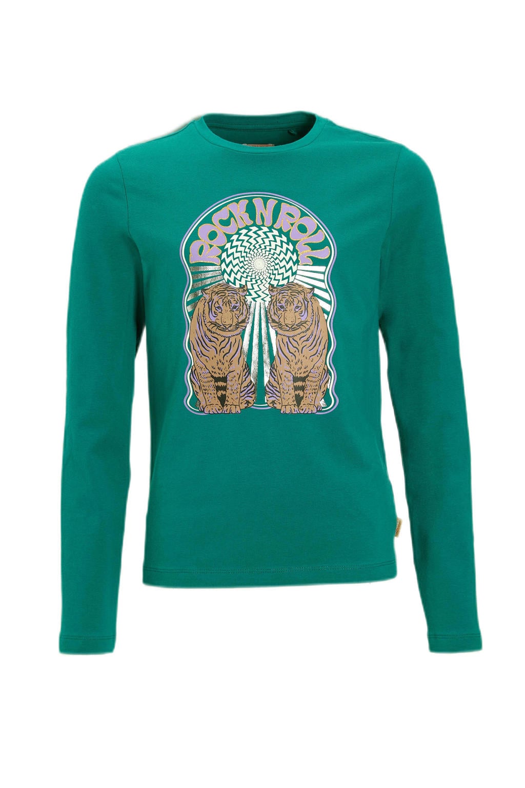 Petrolkleurige meisjes Orange Stars Longsleeve van katoen met printopdruk, lange mouwen en ronde hals