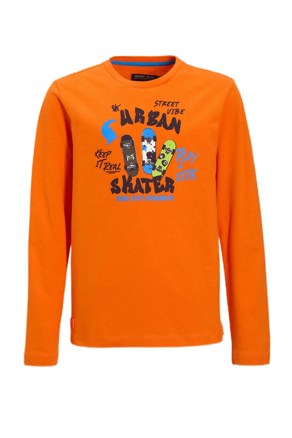 Oranje jongens Orange Stars Longsleeve van katoen met printopdruk, lange mouwen en ronde hals