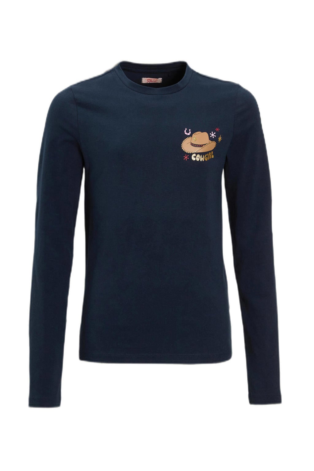 Donkerblauwe meisjes Orange Stars Longsleeve navy van katoen met printopdruk, lange mouwen en ronde hals