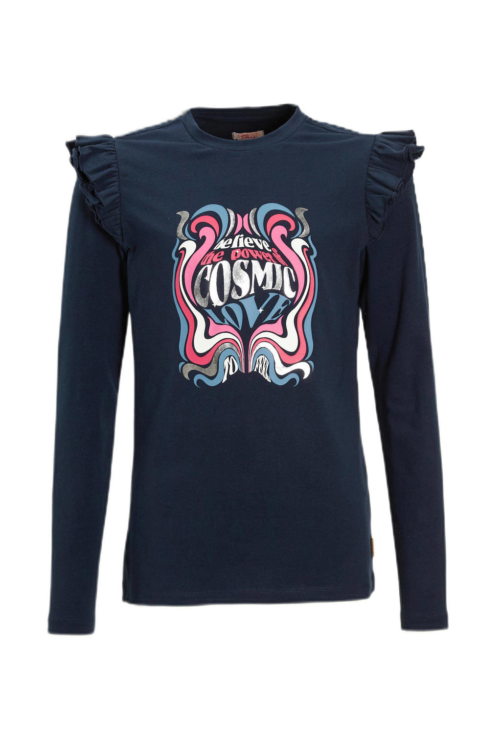 Donkerblauwe meisjes Orange Stars Longsleeve van katoen met printopdruk, lange mouwen en ronde hals