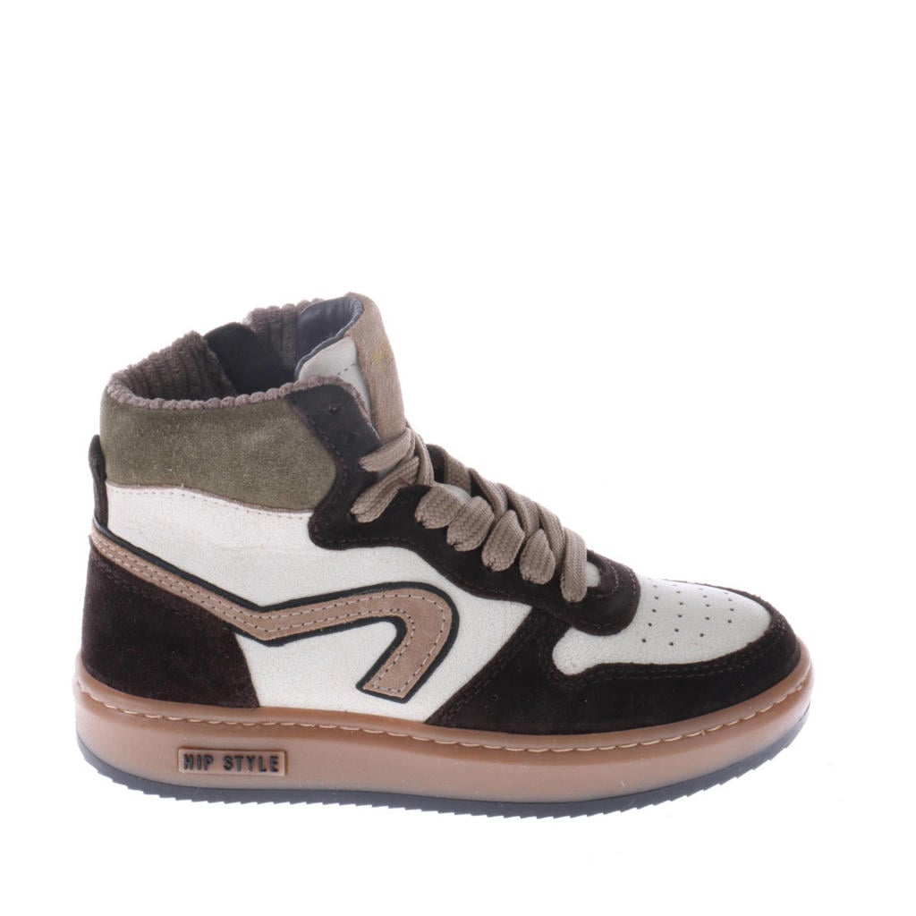 Donkerbruin en witte jongens Hip leren sneakers met rits- en vetersluiting