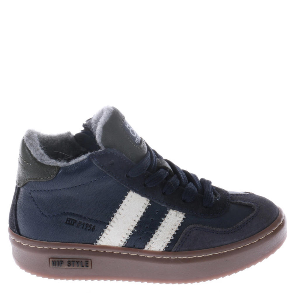 Donkerblauwe jongens Hip leren sneakers met rits- en vetersluiting