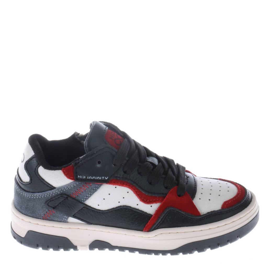 Grijs, wit en rode jongens Hip leren sneakers met rits- en vetersluiting