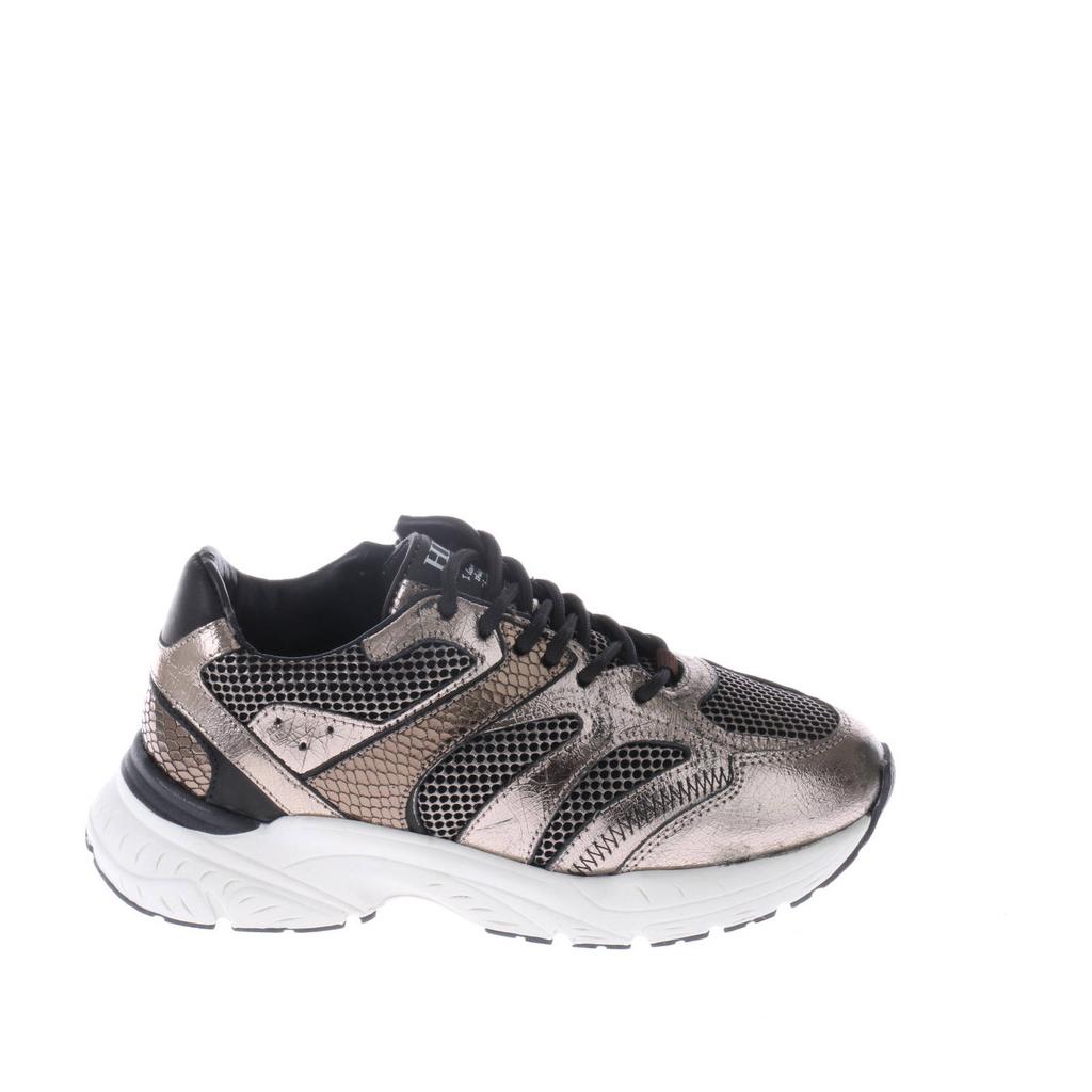 Zwart en champagne meisjes Hip leren sneakers met rits- en vetersluiting